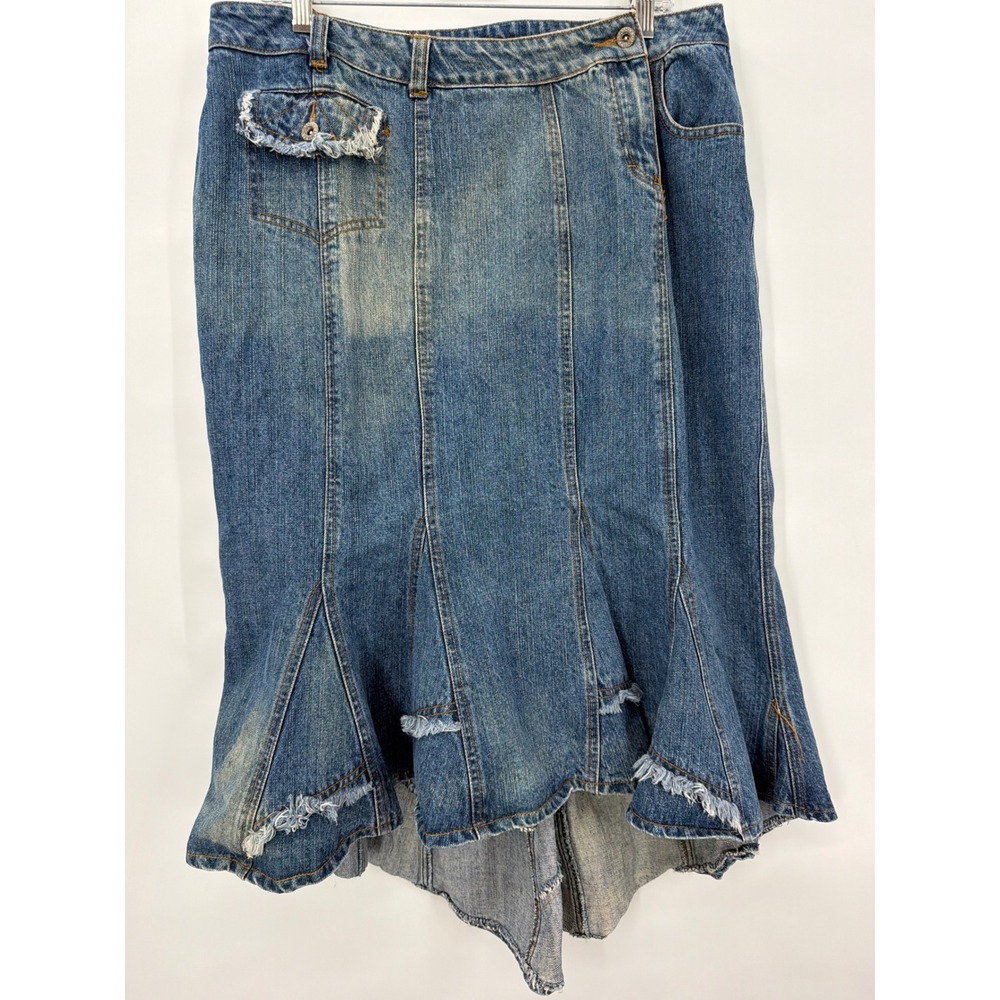 Ashley Stewart Denim Mermaid Skirt 14W Distressed High Low Frayed Hem Midi Blue